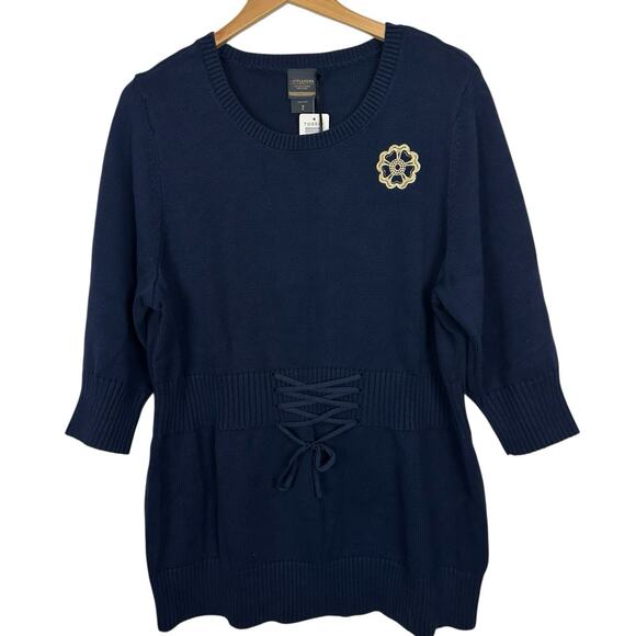 Torrid Outlander Sweater Women 2X Blue Lattice Front Quarter Sleeve Tunic - Picture 1 of 13